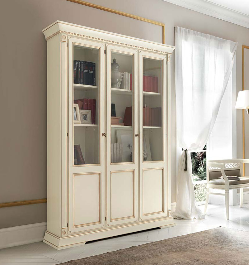 Книжный шкаф 3-х дверный Palazzo Ducale Prama 71BO03LB bianco белый с золотом фабрика Bakokko Италия